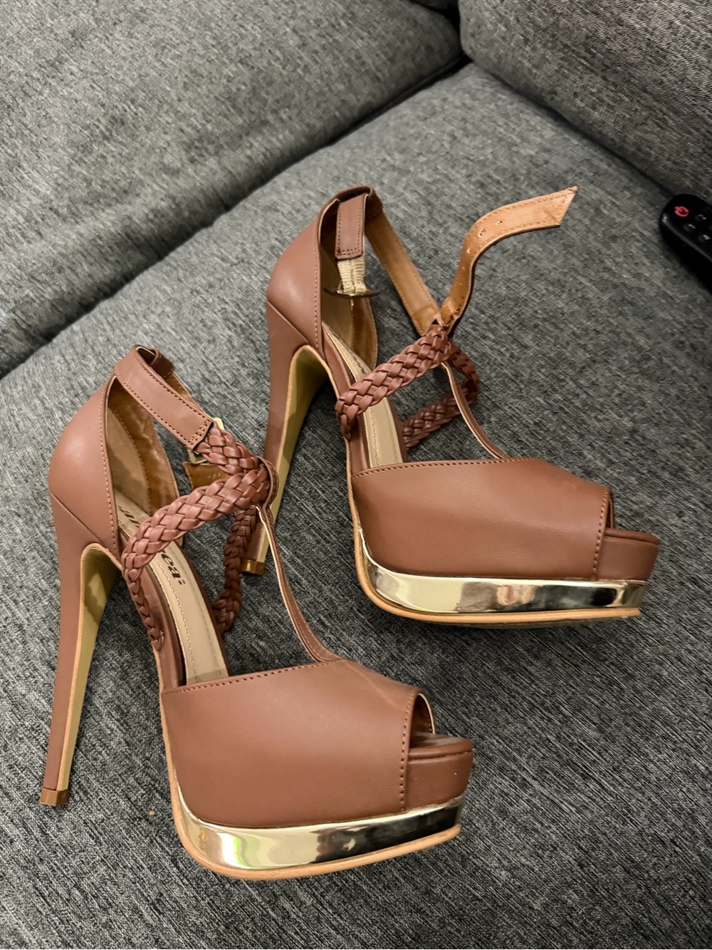 High Heel Platform Sandals in Brown with Braided Strap